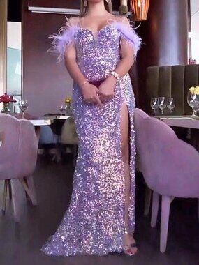 Lilac Purple Sweetheart Neck Sequin & Feather Formal Prom Evening Dress 6